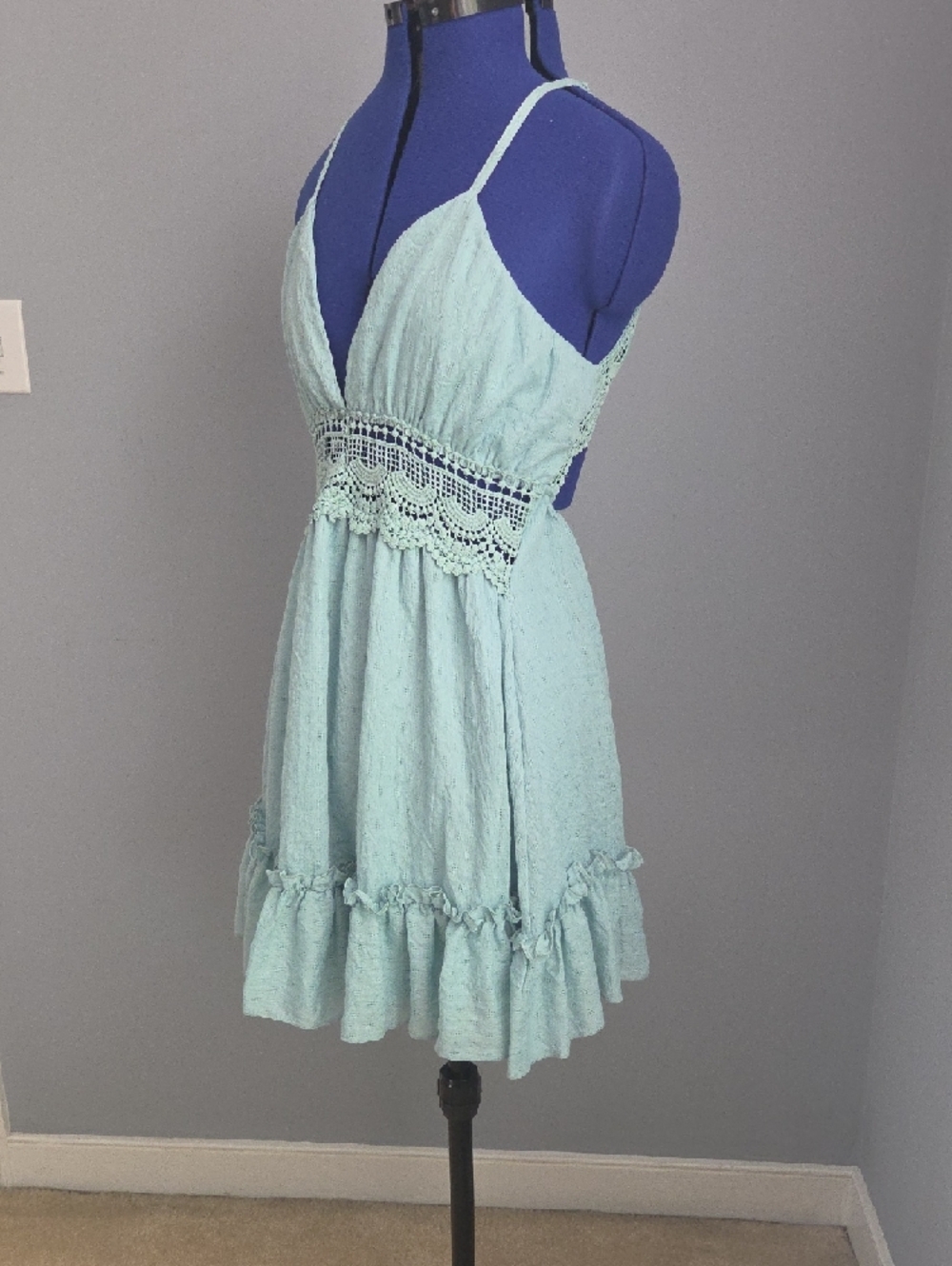 Crochet-Waist Seafoam Mini Dress with Spaghetti Straps - Picture 2 of 5